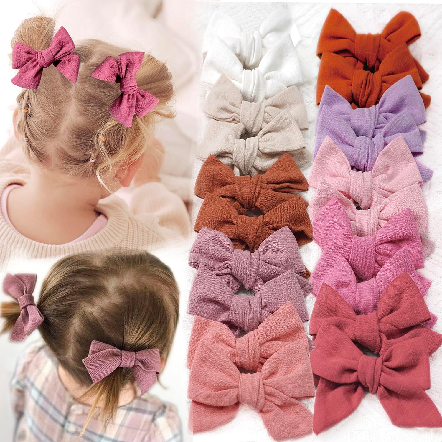 CÉLLOT Girls Hair Bows Linen Fabric 3.5" Bows Alligator Clips for Toddlers
