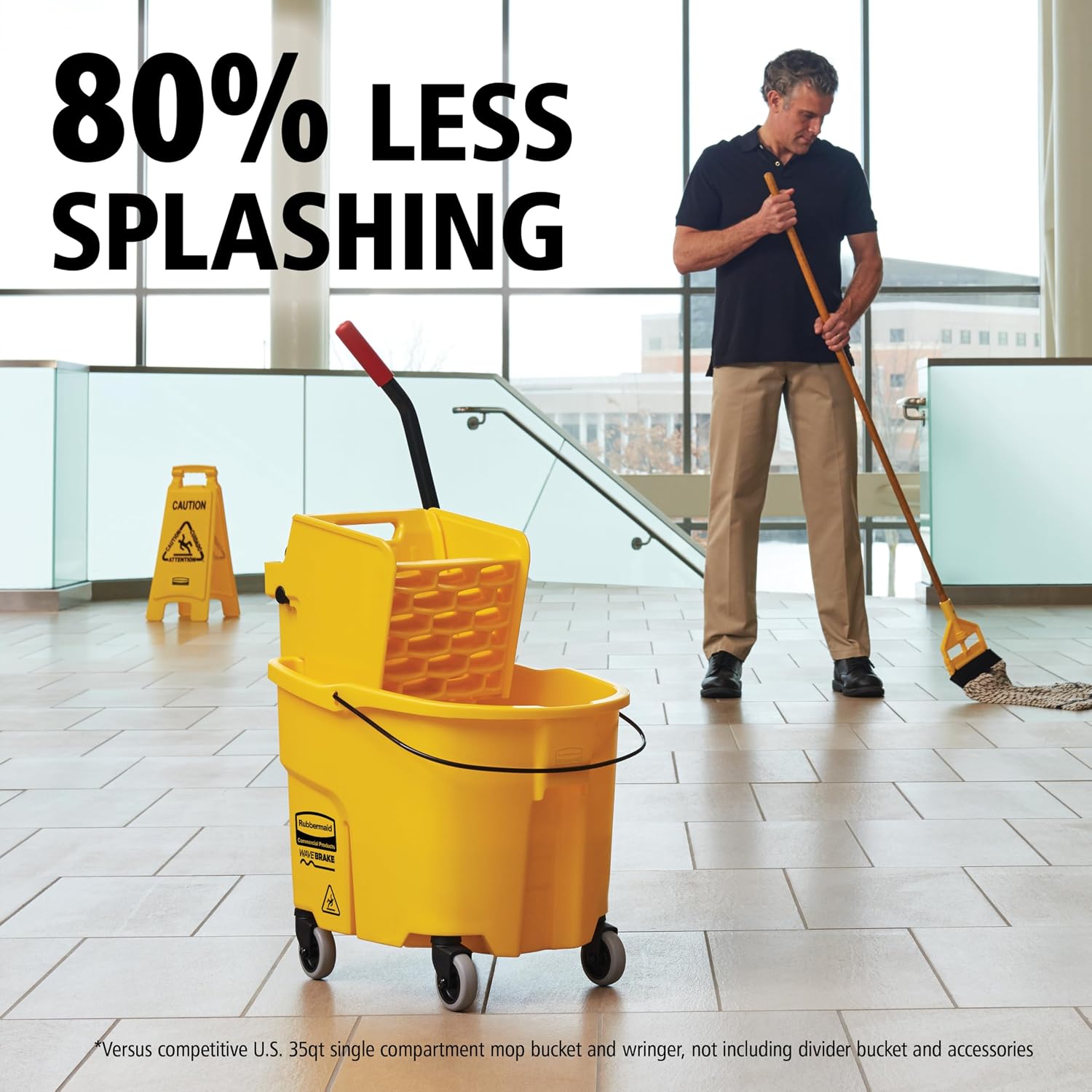 Rubbermaid Commercial Products WaveBrake 35 Qt. Side-Press Mop Bucket and Wringer Combo on Wheels Yellow for Professional/Industrial/Business Heavy-Duty Floor Cleaning/Mopping