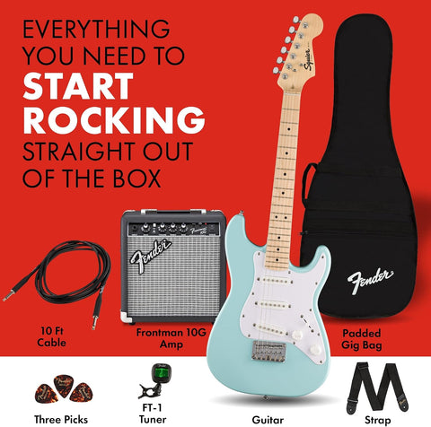 Fender Mini Stratocaster Beginner Electric Guitar Kit with Amp, Daphne Blue