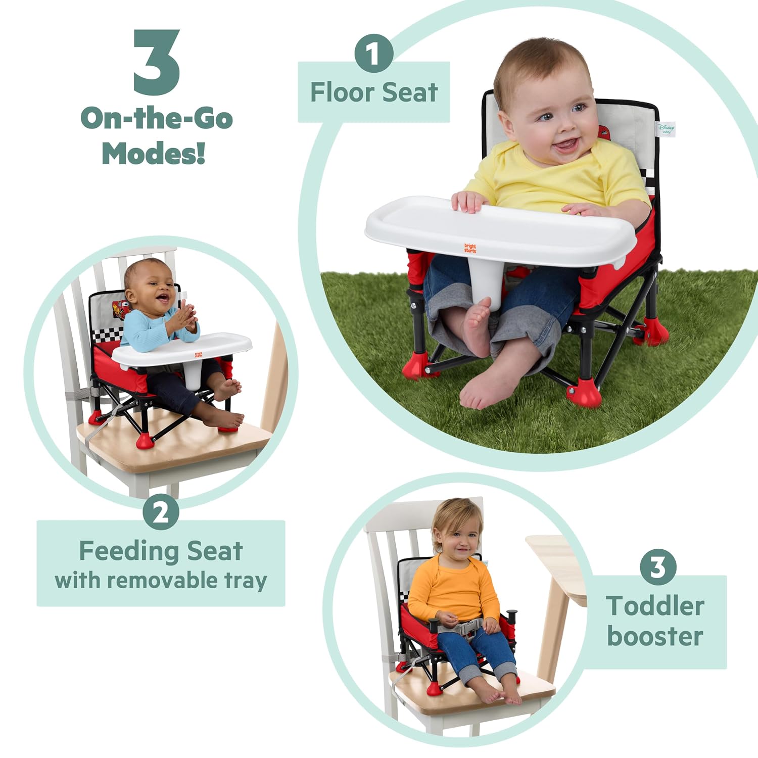 Disney Pixar Cars Pop 'N Sit Portable Booster by Bright Starts, Indoor/Outdoor Use, Floor Seat with Feeding Tray, Red, Unisex, 6 Months - 3 Yrs