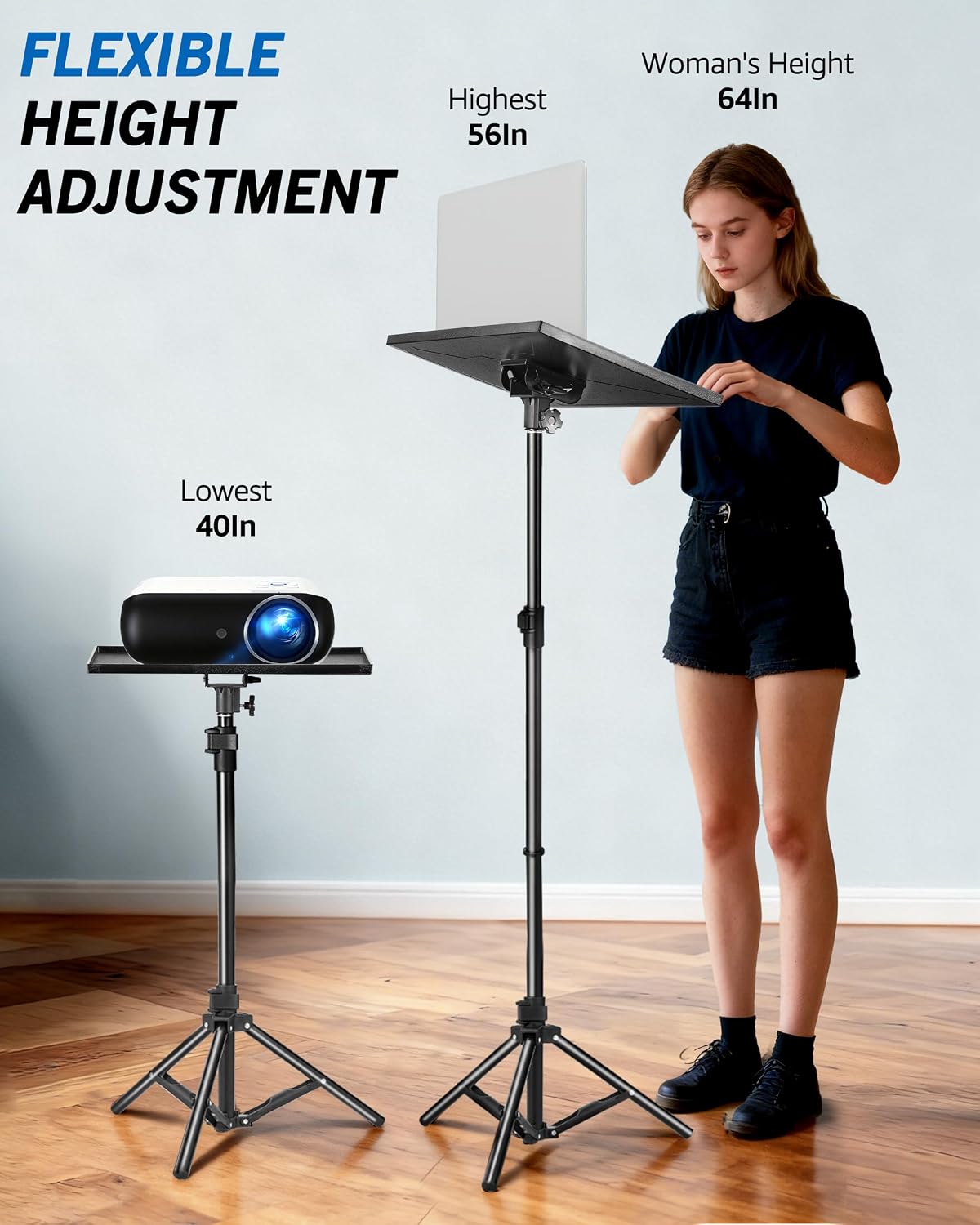 Lusweimi Projector Stand Tripod, 56 Inch Height Adjustable Laptop Stand with 16x11 Inch Tray, Portable Projector Mount, Stable Tall Tablet Floor Stand for Office, Home, Outdoor, Studio and DJ Racks