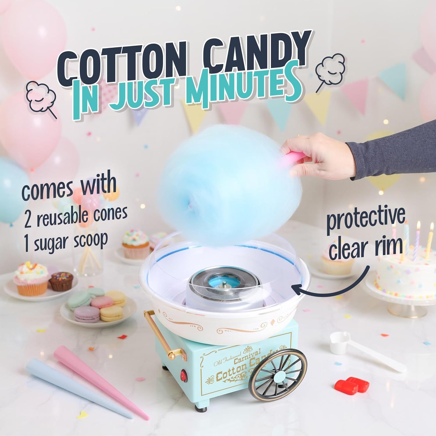 Nostalgia Vintage Hard and Sugar Free Candy Countertop Cotton Candy Maker, Includes 2 Reusable Cones And Sugar Scoop – Aqua
