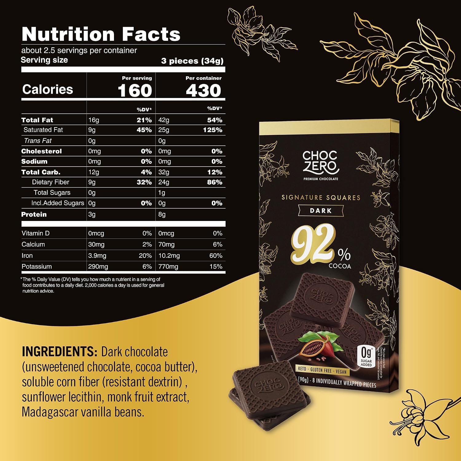 ChocZero 92% Cocoa Sugar Free Dark Chocolate Squares, Vegan, 4 Pack