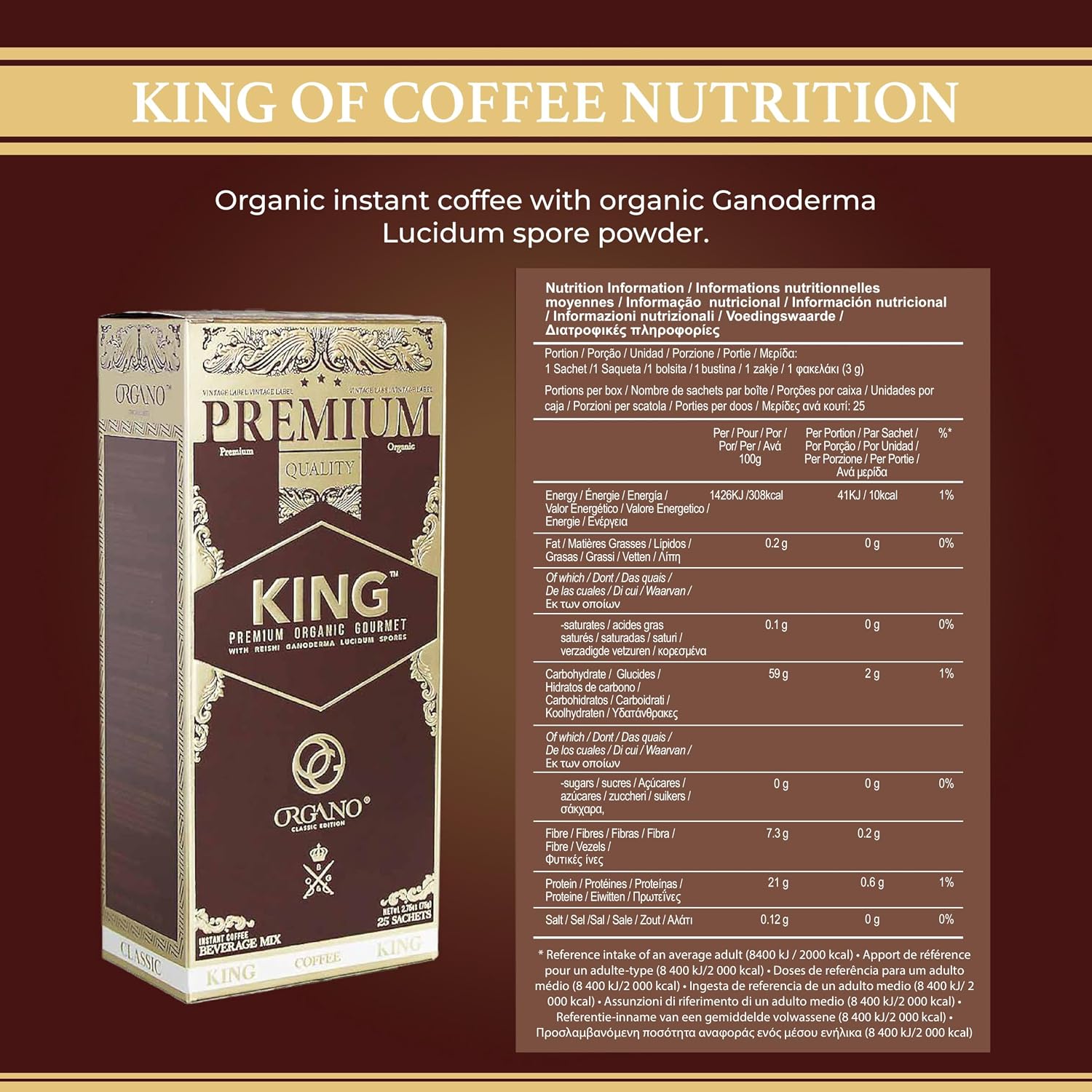 ORGANO King of Coffee, 100% Certified Ganoderma Lucidum (25 Sachets)