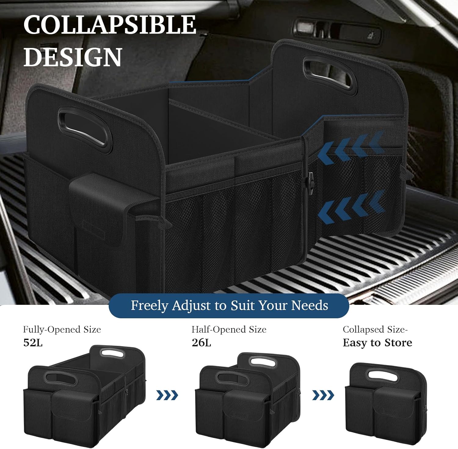 Femuar Car Trunk Organizer with Large Capacity Waterproof Car Accessories for Women & Men, Collapsible Trunk Organizer for Suv/Jeep/Sedan,Tools (Black, Standard)