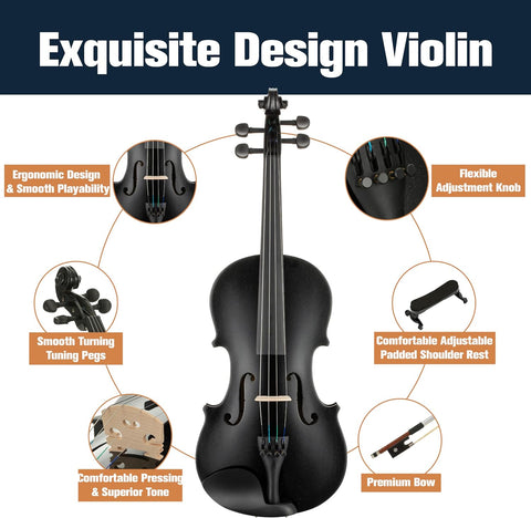 Mendini By Cecilio Violin 4/4 Full Size For Beginners - Fiddle Solidwood Kit with Hard Case - Acoustic Violins with Bow, Rosin, Tuner, Extra Strings & Bridge, Shoulder Rest and Lesson Book (Black)