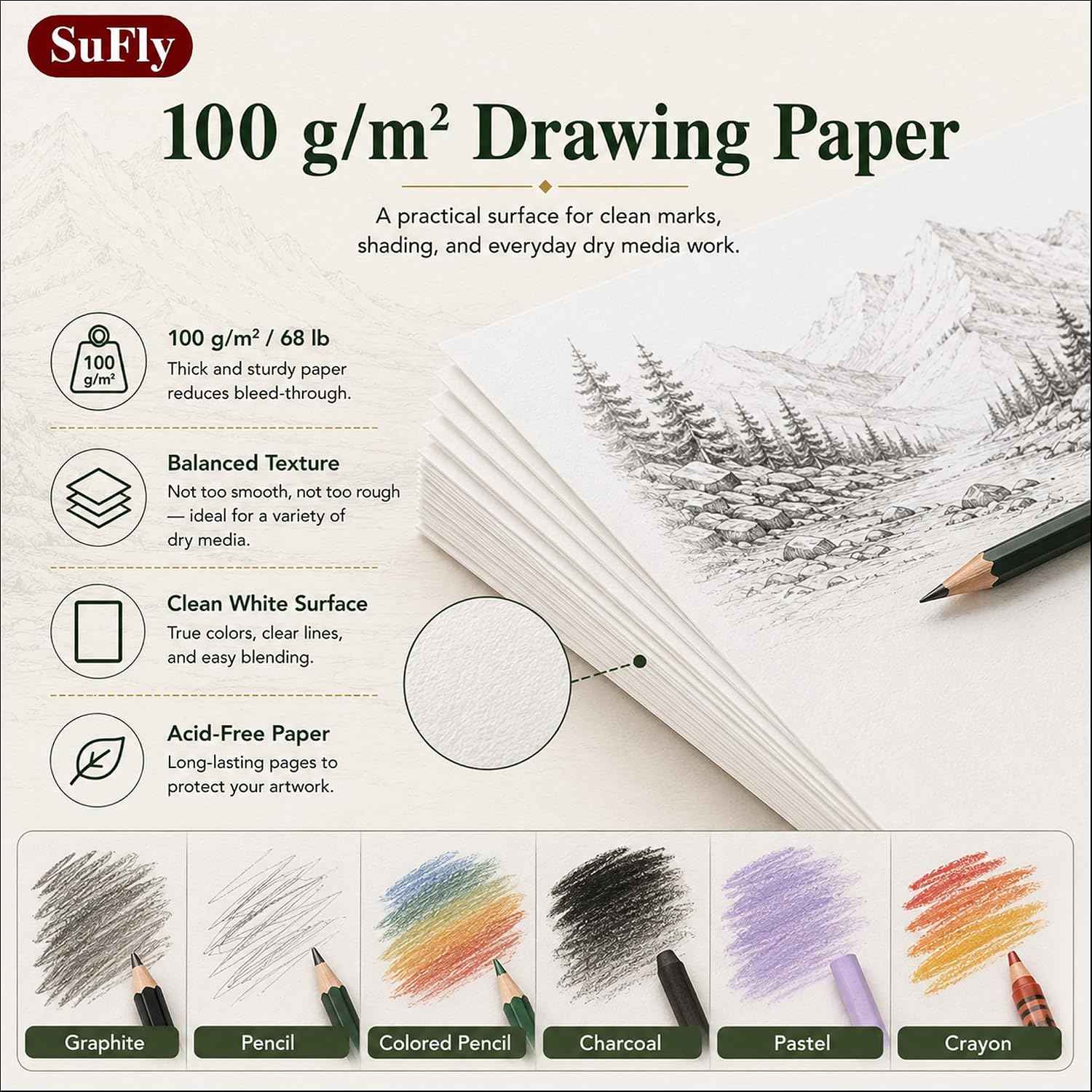 SuFly Sketch Book 9x12, 100-Sheet Drawing Paper Pad, 68lb/100gsm, Acid-Free