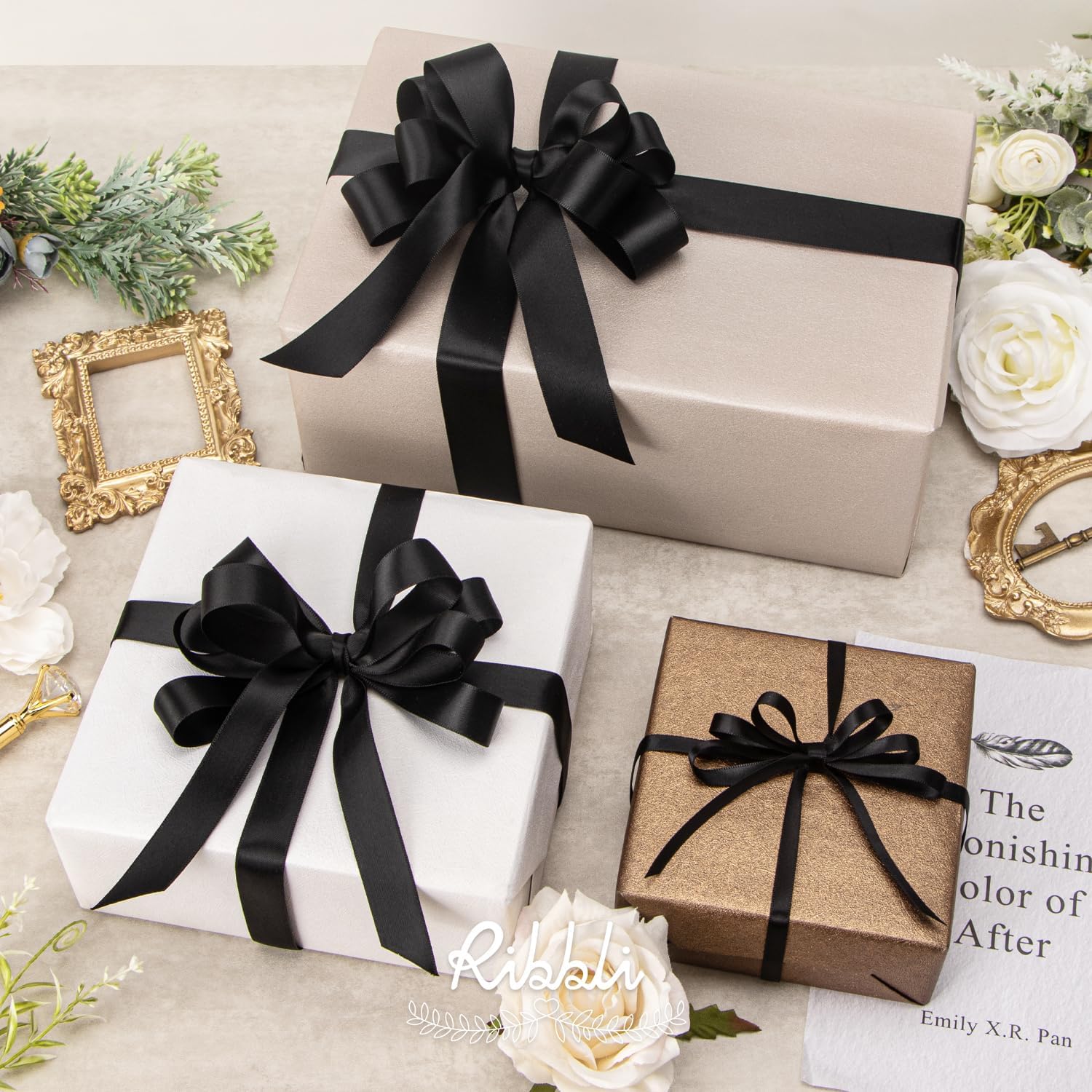Ribbli 3 Rolls Double Faced Solid Satin Black Craft Ribbon,Total 30 Yards,(1/4 Inch x 10-Yard,5/8 Inch x 10-Yard,1 Inch x 10-Yard),Use for Bows Bouquet,Gift Wrapping