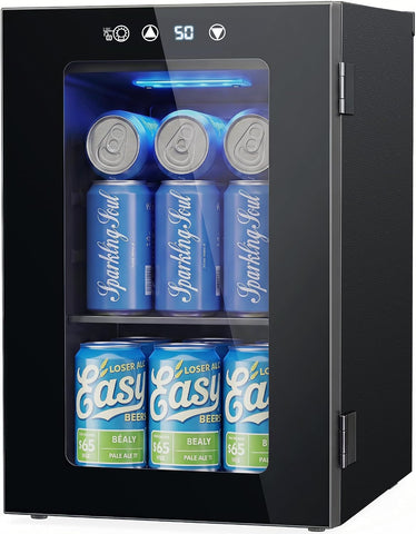 24 Can Beverage Refrigerator, Countertop Mini Fridge with Glass Door, Black