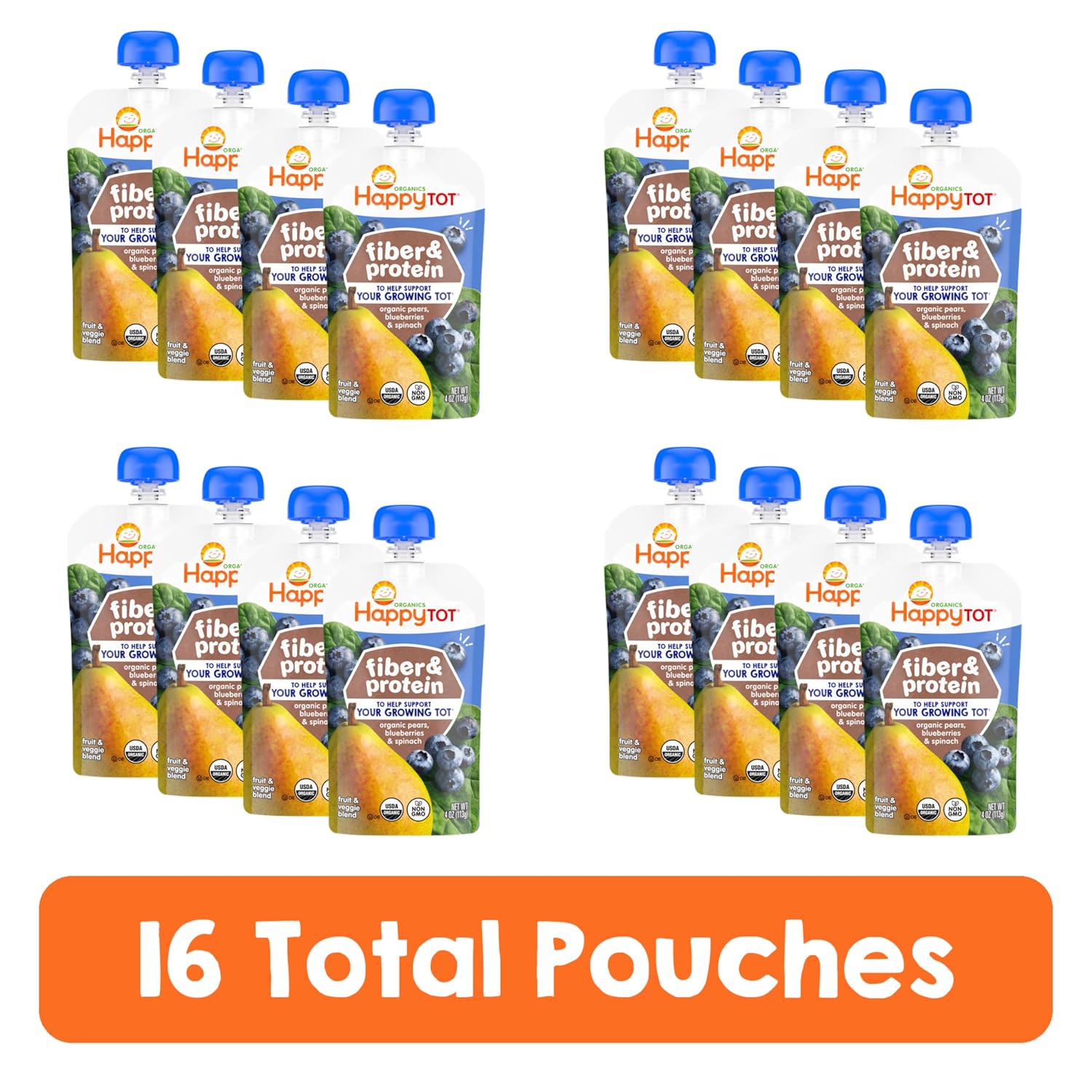 HAPPY TOT Fiber & Protein, Stage 4, Pears Blueberries Spinach, 4oz (16)
