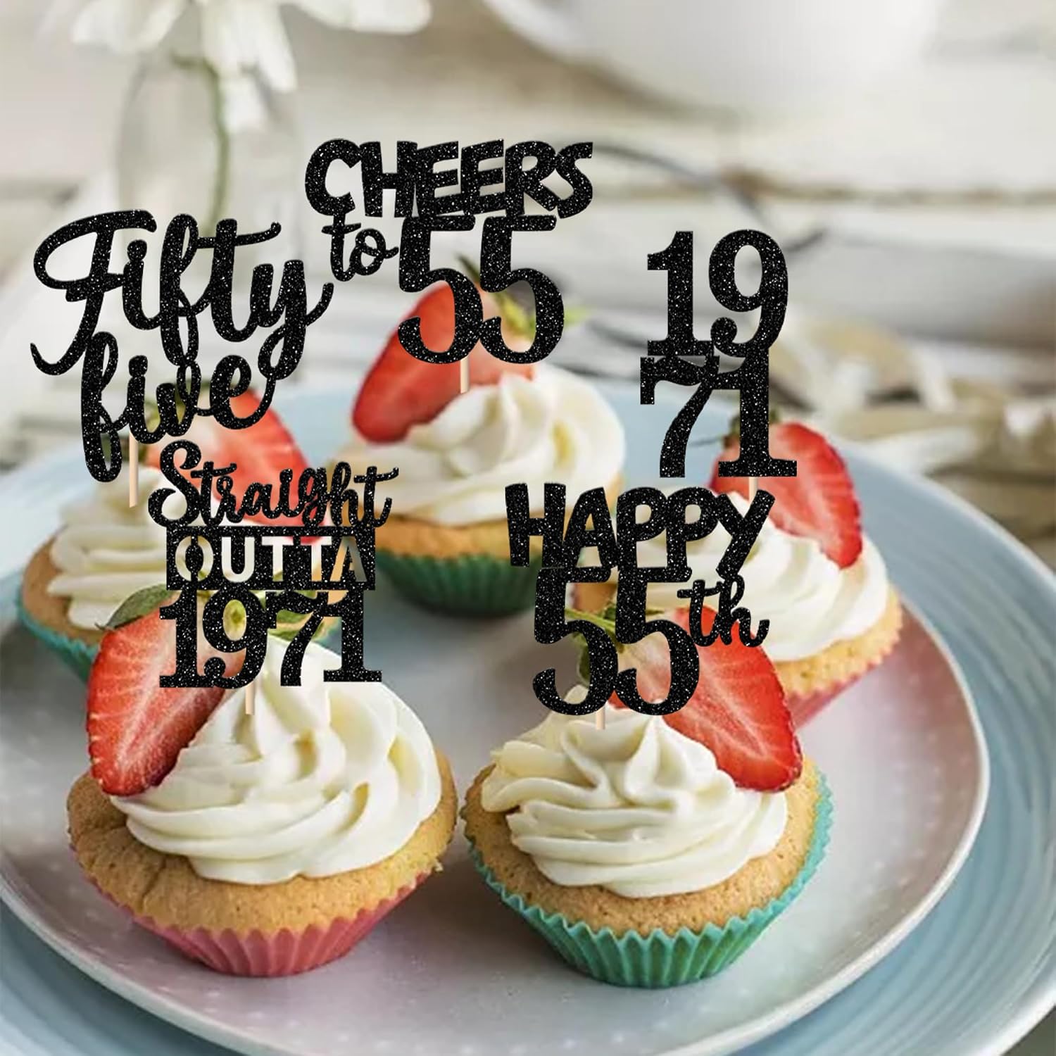 30PCS Black 55th Birthday Cupcake Toppers Glitter Fifty Five Happy 55 Straight Outta 1971 Cupcake Picks for Cheers to 55 Years 55th Birthday Anniversary Party Cake Decorations Supplies