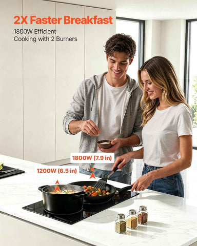 VEVOR Electric Cooktop 12inch 2 Burners Stove Top 3000W 220V No Plug, Ceramic Built-in Radiant Electric Stove, with 9 Power Levels, Timer, Child Lock, Over-Heat Guard, Touch Control