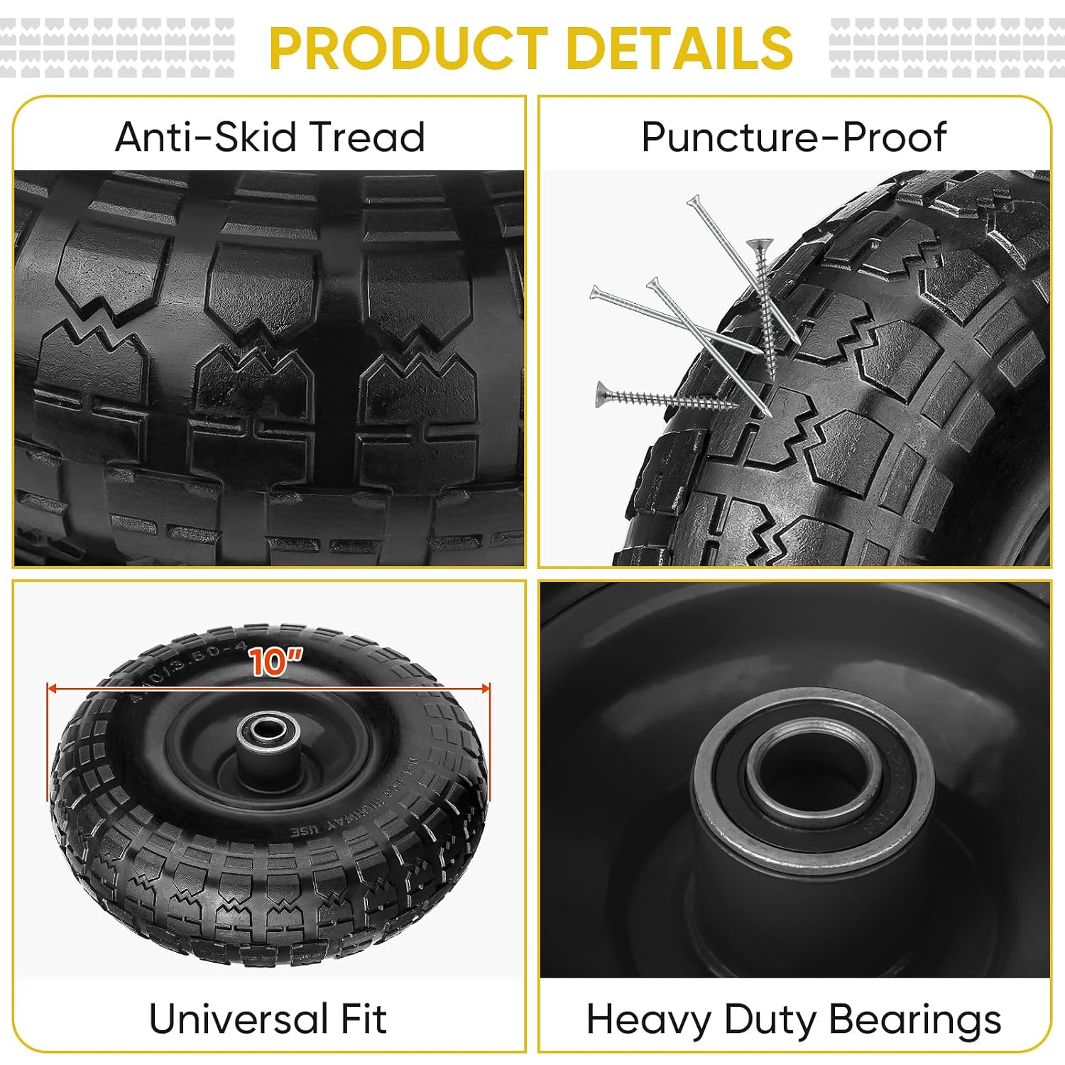TICONN 10" Solid Tires, 4.10/3.50-4 Tire and Wheel Flat Free, 5/8" Bearings
