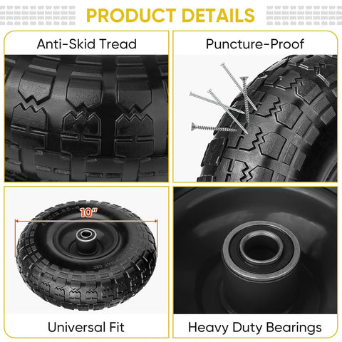 TICONN 10" Solid Tires, 4.10/3.50-4 Tire and Wheel Flat Free, 5/8" Bearings