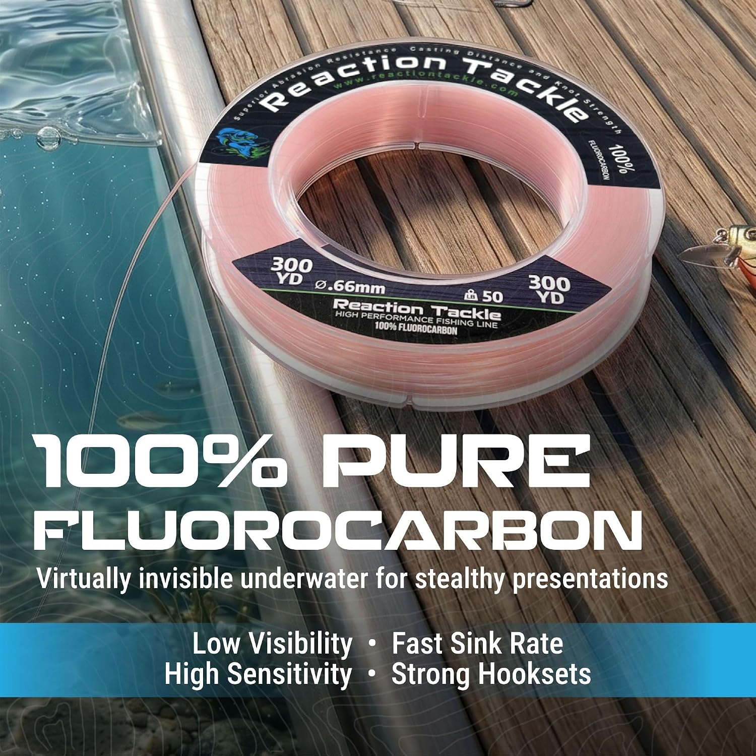 Reaction Tackle 100% Pure Fluorocarbon Fishing Line - High Strength, Abrasion-Resistant, Fast-Sinking, Virtually Invisible - Saltwater and Freshwater Leader Line