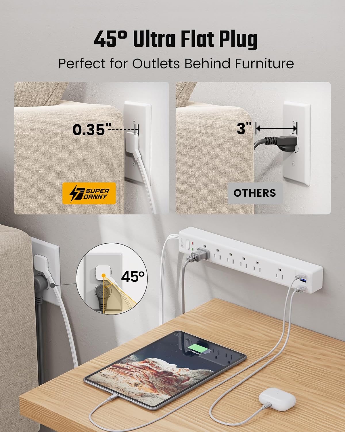 20Ft Long Extension Cord, SUPERDANNY Flat Plug Surge Protector Power Strip