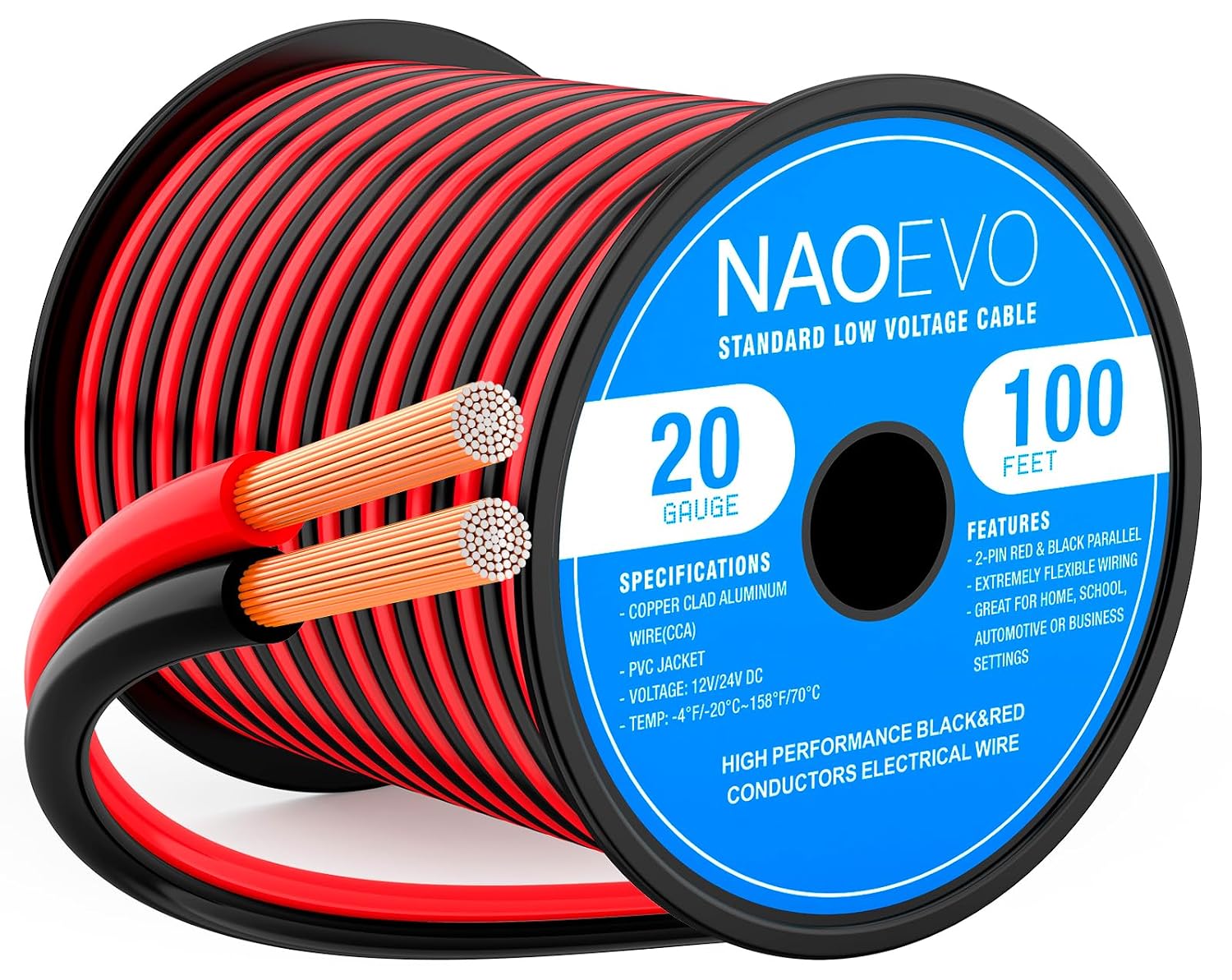 NAOEVO 20 Gauge Wire 2 Conductors, CCA Red Black Electrical Wire, 100FT
