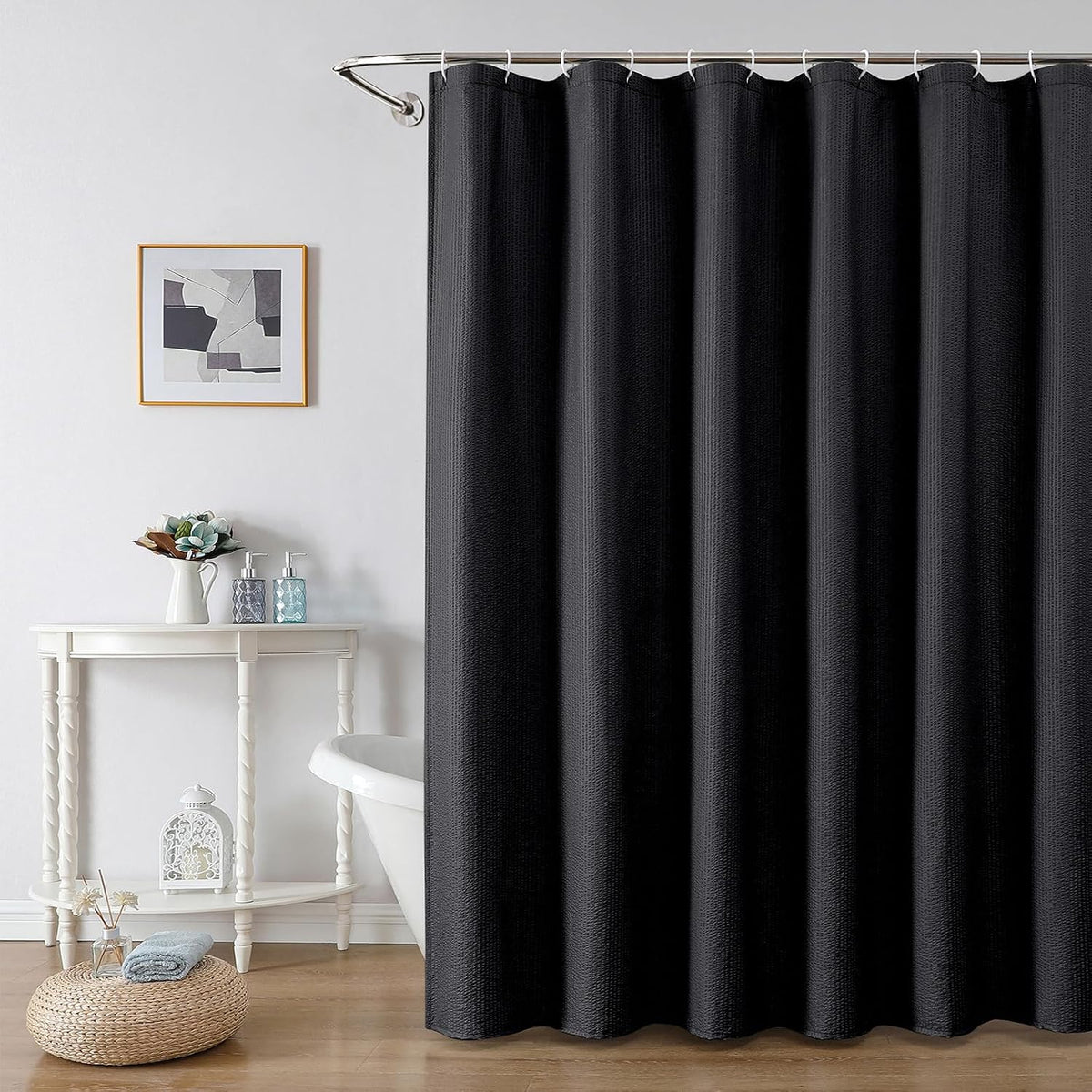 OWENIE Black Shower Curtain for Bathroom 78 Inches Long, 3D Embossed Textured Fabric Farmhouse Shower Curtain Soft Cloth, Water Repellent, Machine Washable, Hotel Style, 72" W x 78" L, Black