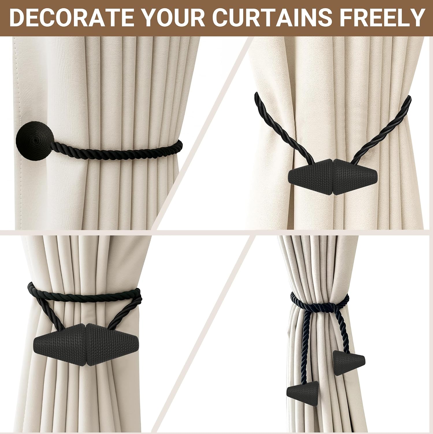 Hion Magnetic Curtain Tiebacks Black 2pcs, Curtain Holdbacks Hooks Holders
