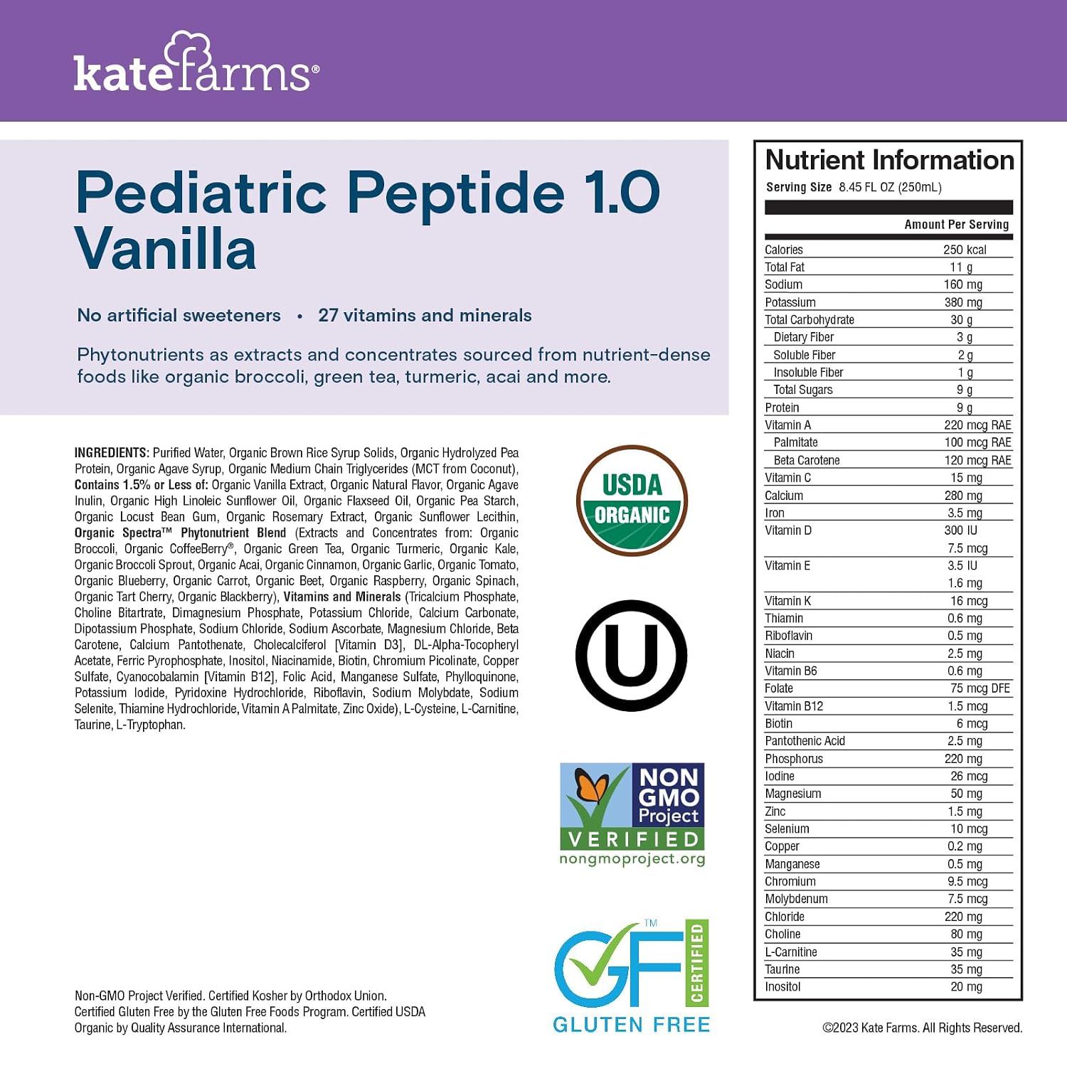 KATE FARMS Pediatric Peptide 1.0 Formula, Vanilla, 12 Pack