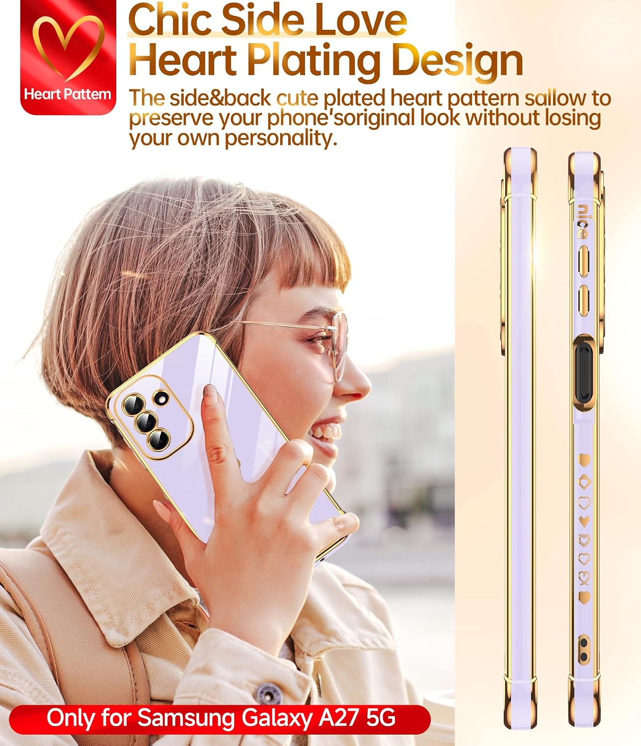 LeYi for Samsung Galaxy A27-5G Case: with Tempered Glass Screen Protector [2 Pcs]+ Full Camera Lens Protection,Love Heart Plating Girly Cute Luxury Soft TPU Shockproof Case 5G,Purple