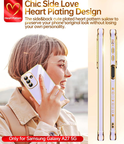 LeYi for Samsung Galaxy A27-5G Case: with Tempered Glass Screen Protector [2 Pcs]+ Full Camera Lens Protection,Love Heart Plating Girly Cute Luxury Soft TPU Shockproof Case 5G,Purple