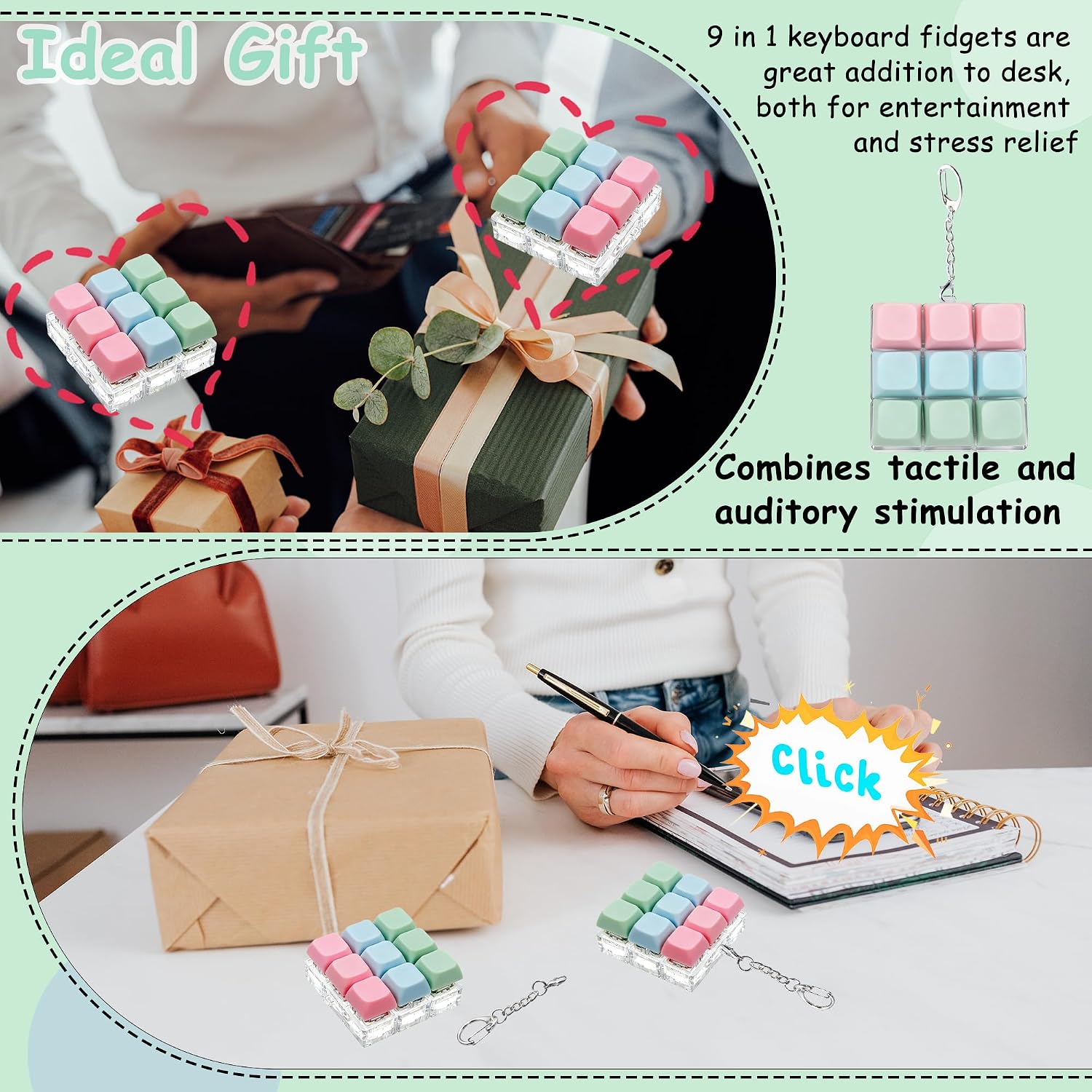 Keyboard Fidget Toy, Keyboard Fidget Keychain 9-in-1 Keyboard Decompression Button Finger Clicker Toys Stress Relief Fidget Gifts (3 Colors- Pink Blue Green)