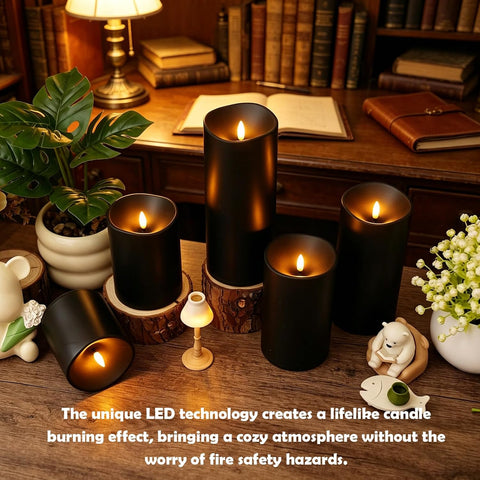 kakoya Flameless Candles with Remote Control and Timer,Flickering Battery Operated LED Pillar Candles Plastic Set of 5(D 3" x H 3" 4" 5" 6" 7") Black