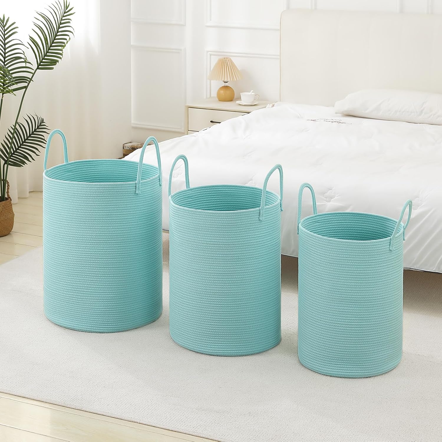 Laundry Basket Hamper Tall Rope Storage Woven for Blanket toys Dirty Clothes in Living Room Bathroom Bedroom (Cyan, 60L/15.8Gal)