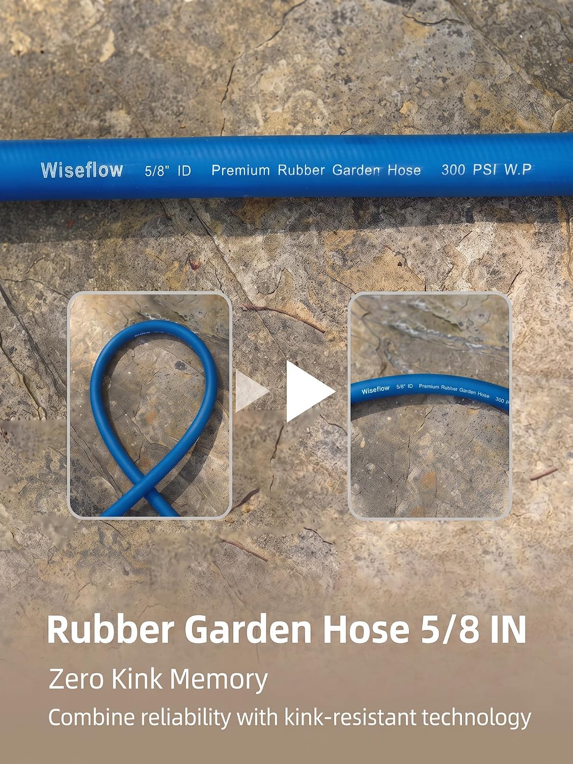 Wiseflow Garden Hose 25FT x 5/8", Heavy Duty Rubber Hose, Water Hose with Five Layered Braiding, Male Female Fittings, 1000PSI Burst, 300PSI Working for Yard, Car Wash, Pets (Blue)