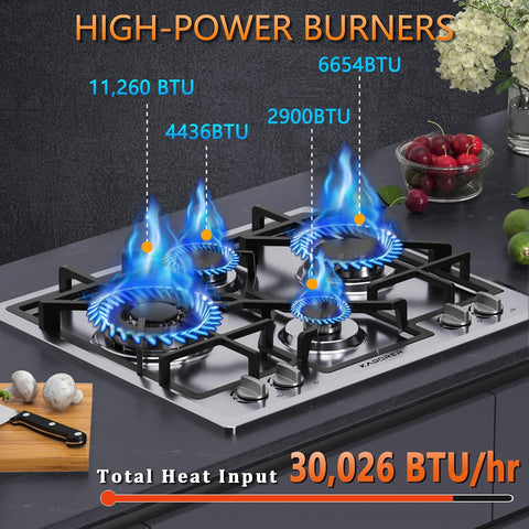24 inch Gas Cooktop, Bulit-in Gas Stove Top with 4 Burner, NG/LPG Convertible Cooktops, Dual Burner Propane Cooktop with Thermocouple Protection, Stainless Steel