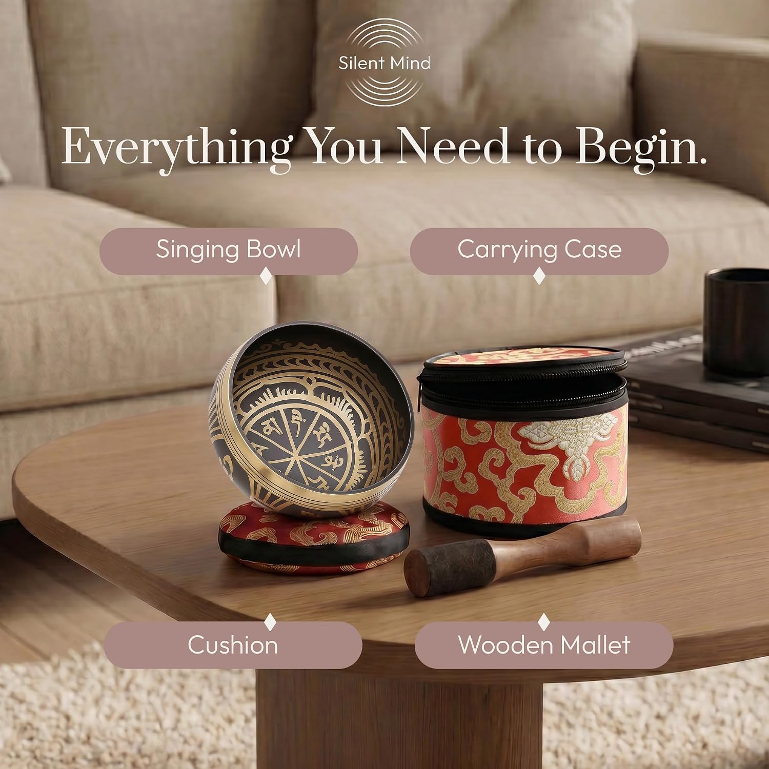 Silent Mind Tibetan Singing Bowl Set – Easy to Play & Beginner Friendly Meditation Bowl with Cushion, Mallet & Case | Stress Relief & Mindfulness | Gift-Ready