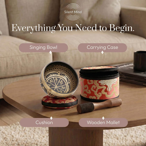 Silent Mind Tibetan Singing Bowl Set – Easy to Play & Beginner Friendly Meditation Bowl with Cushion, Mallet & Case | Stress Relief & Mindfulness | Gift-Ready