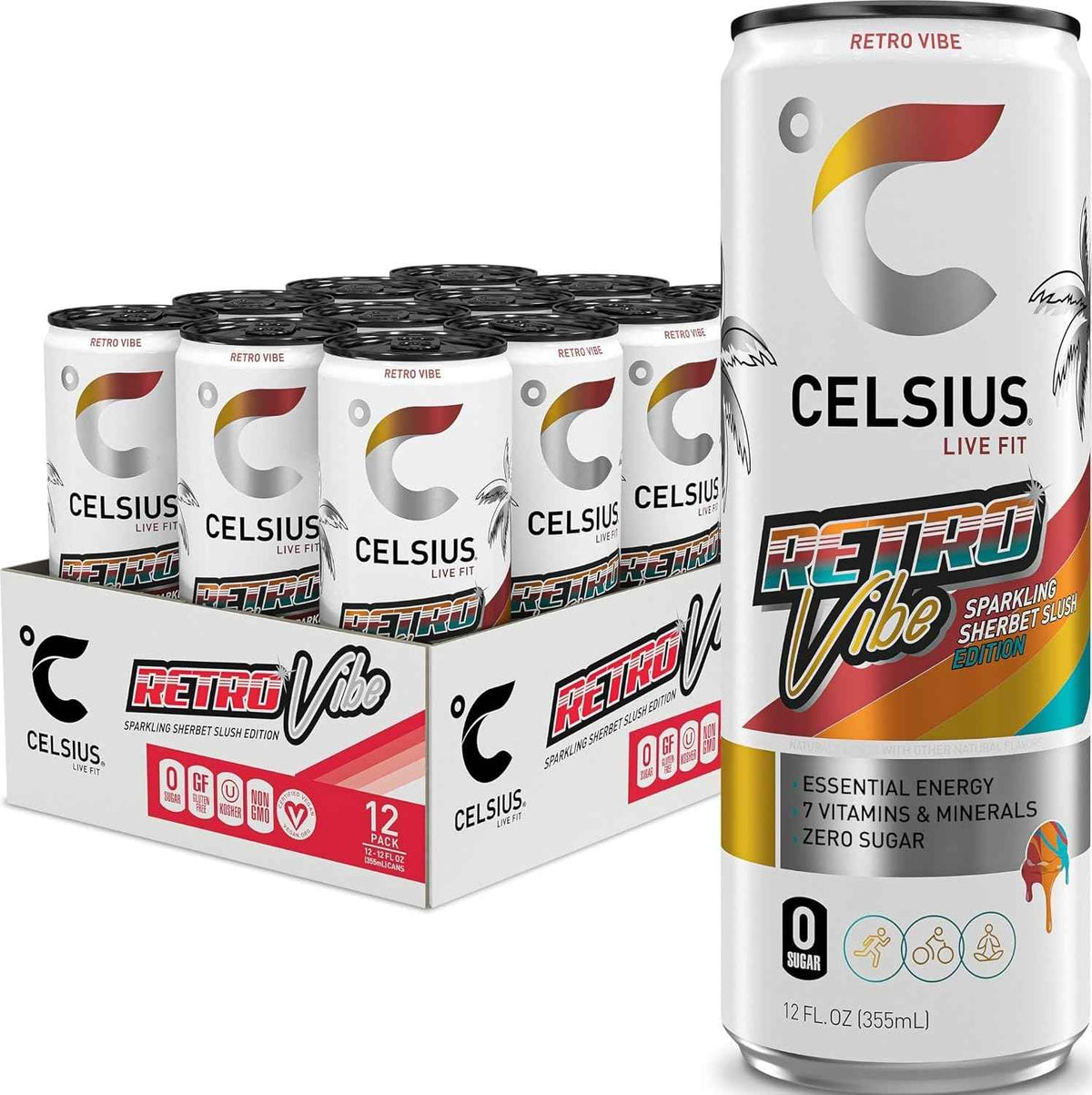 CELSIUS RETRO VIBE Sparkling Sherbet Slush, Sugar Free Energy Drink, 12 Fl Oz (Pack of 12)