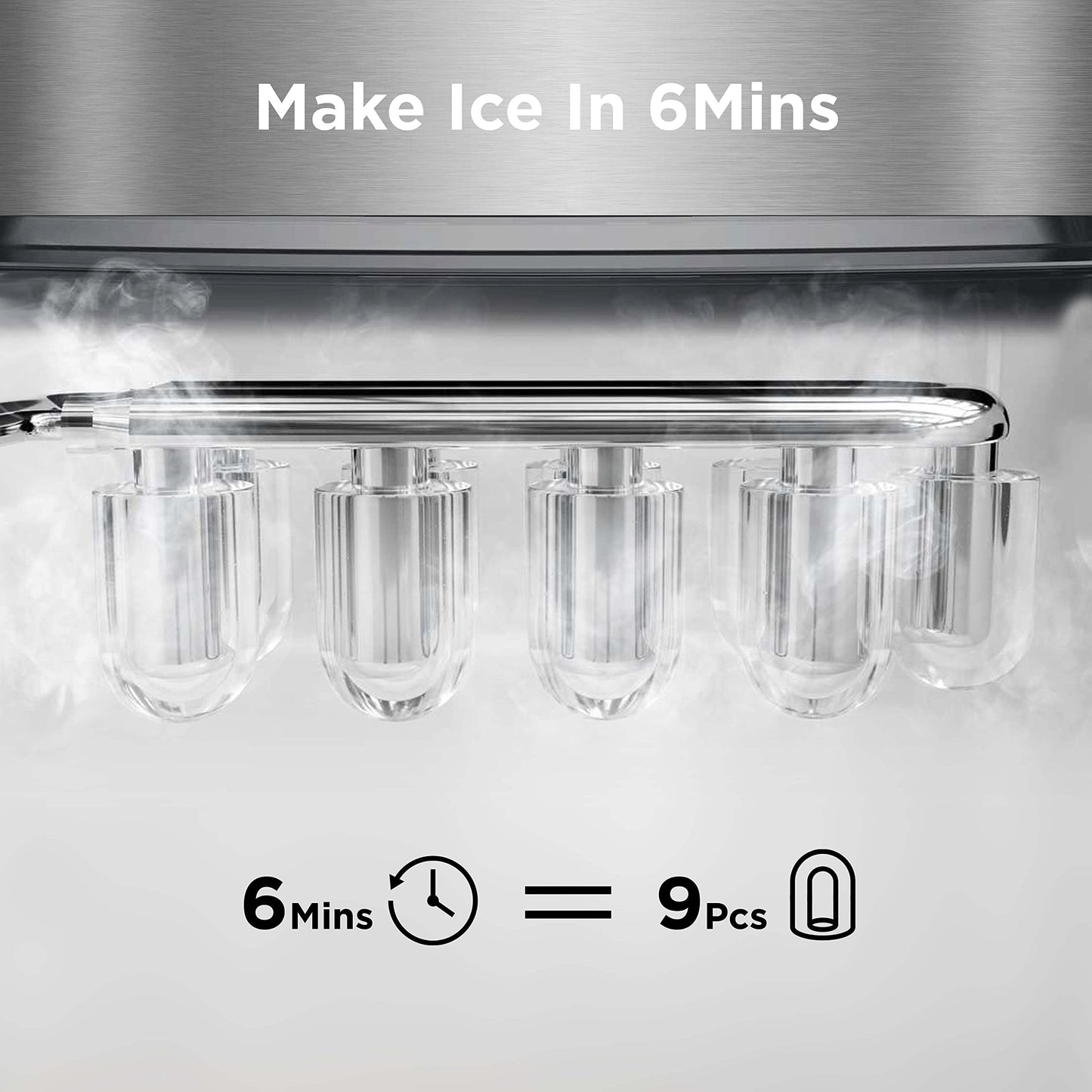 Silonn Ice Makers Countertop, 9 Cubes Ready in 6 Mins, 26lbs in 24Hrs, Self-Cleaning Ice Machine with Ice Scoop and Basket, 2 Sizes of Bullet Ice, Stainless Steel