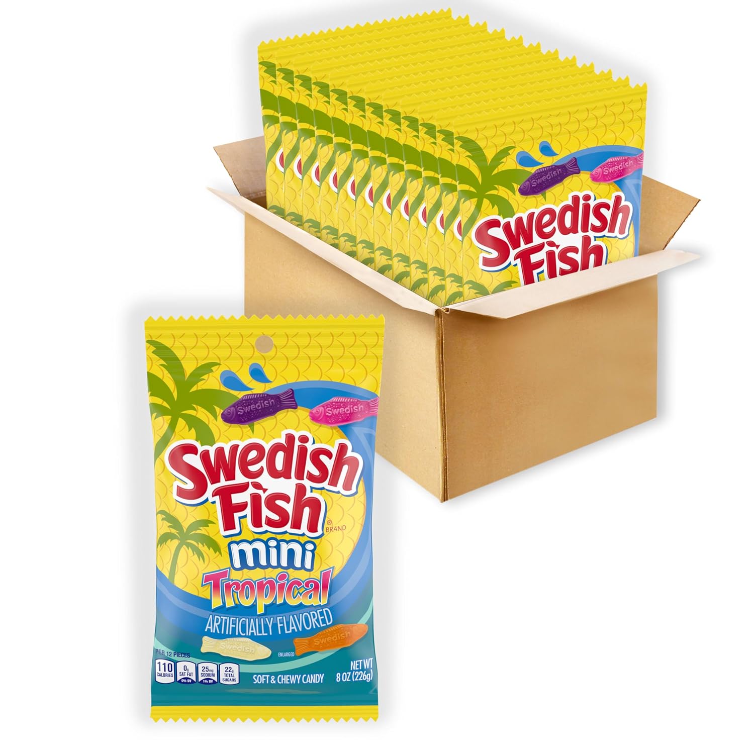 SWEDISH FISH Mini Tropical Soft & Chewy Gummy Candy, Bulk Candy, 12 Bags