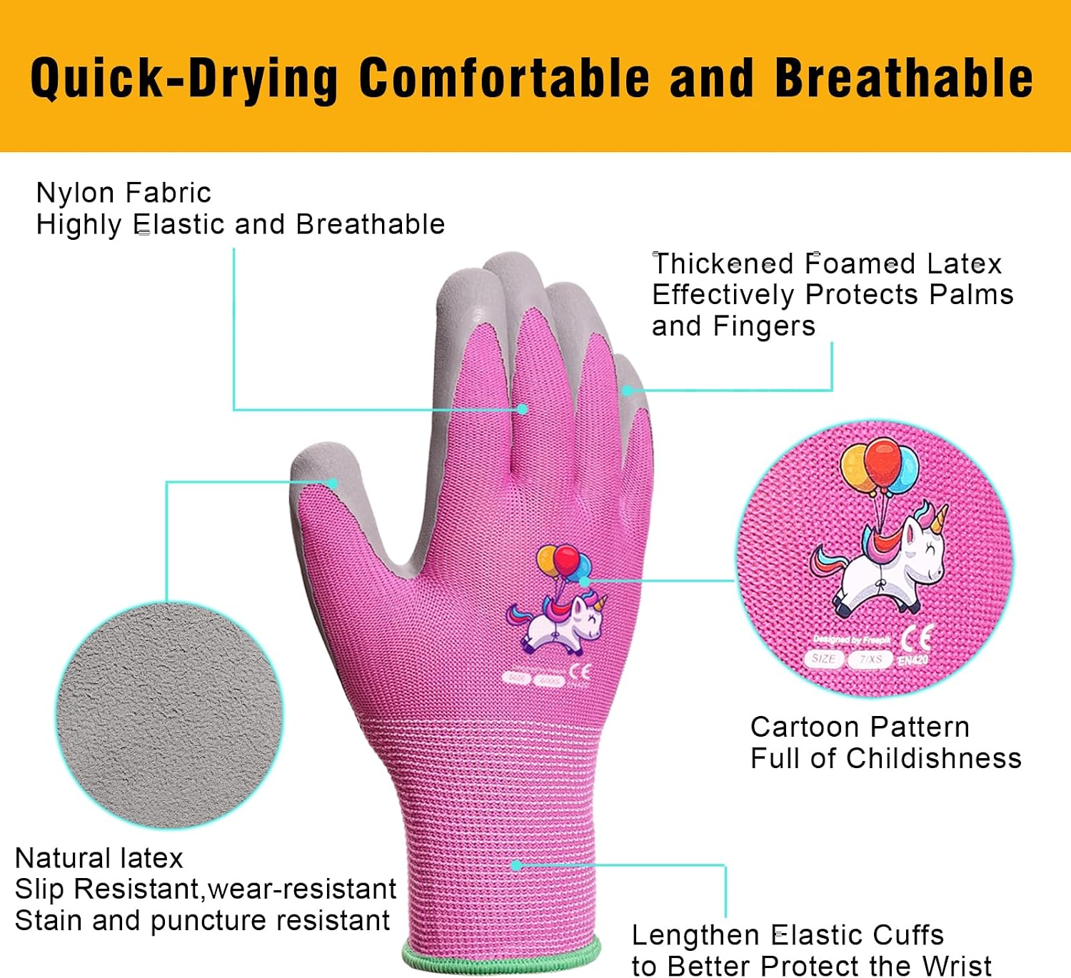 Kids Gardening Gloves, Latex Coated Toddler Yard Gloves, 2 Pairs (8-10 YRS)