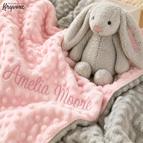 Personalized Baby Blanket and Plush Bunny Set, Custom Blankets and Rabbit