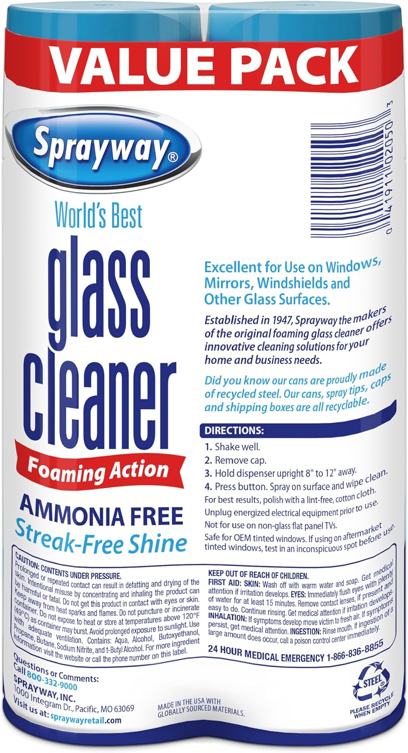 Sprayway Glass Cleaner Foaming Aerosol Spray, 19oz, Pack of 2 | Ammonia-Free, Streakless, Fast-Acting | Cleans & Polishes Glass Surfaces | Fresh Scent, Removes Fingerprints, Dust, Dirt, Smoke Film