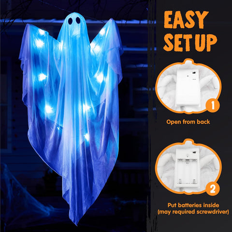 JOYIN Halloween Hanging Light up Ghost, 47” White Ghosts with Blue LED Light and Timer Halloween Hanging Decoration Waterproof for Front Yard Patio Lawn Garden Party Decor Indoor Outdoor