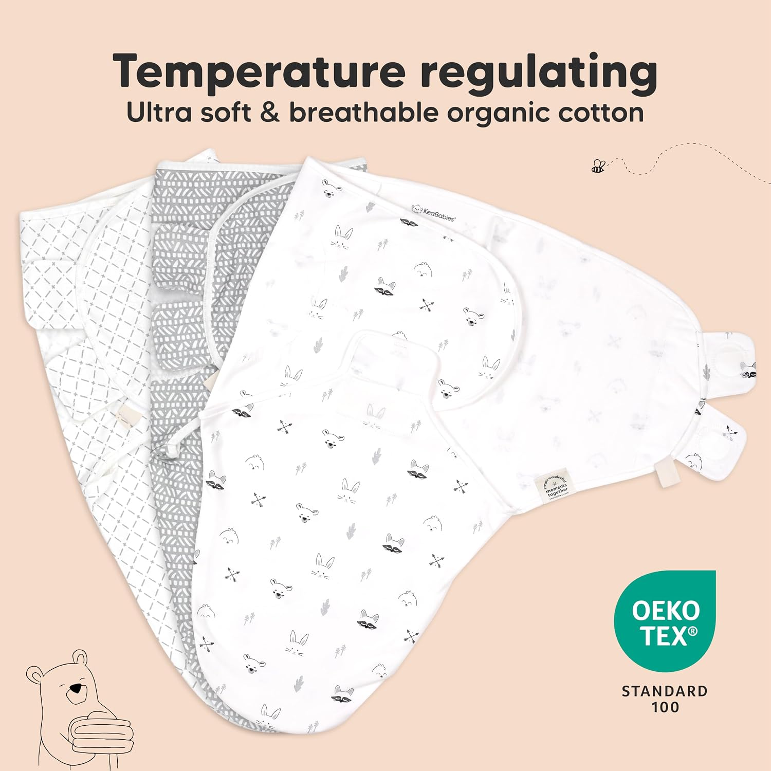 KeaBabies 3pk Organic Baby Swaddles for Newborns, 0.5 TOG Nordic, 0-3M