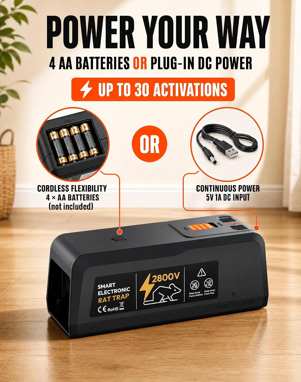 2 Pack Electric Rat Trap, 2800V Electronic Rodent Zapper with LED and Buzzer Alerts, Replaceable No-Touch Electrode Plate, Battery or USB Powered Mouse Trap for Home, Kitchen and Garage