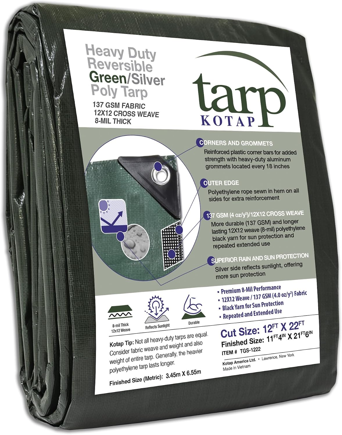 Kotap 12 x 22 Ft. Heavy-Duty Protection/Coverage Tarp, 8-mil, Reversible, Multi-Use, Waterproof, Green-Silver, (TGS-1222)