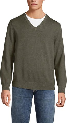 Lands' End Men's Fine Gauge Cotton V Neck Sweater