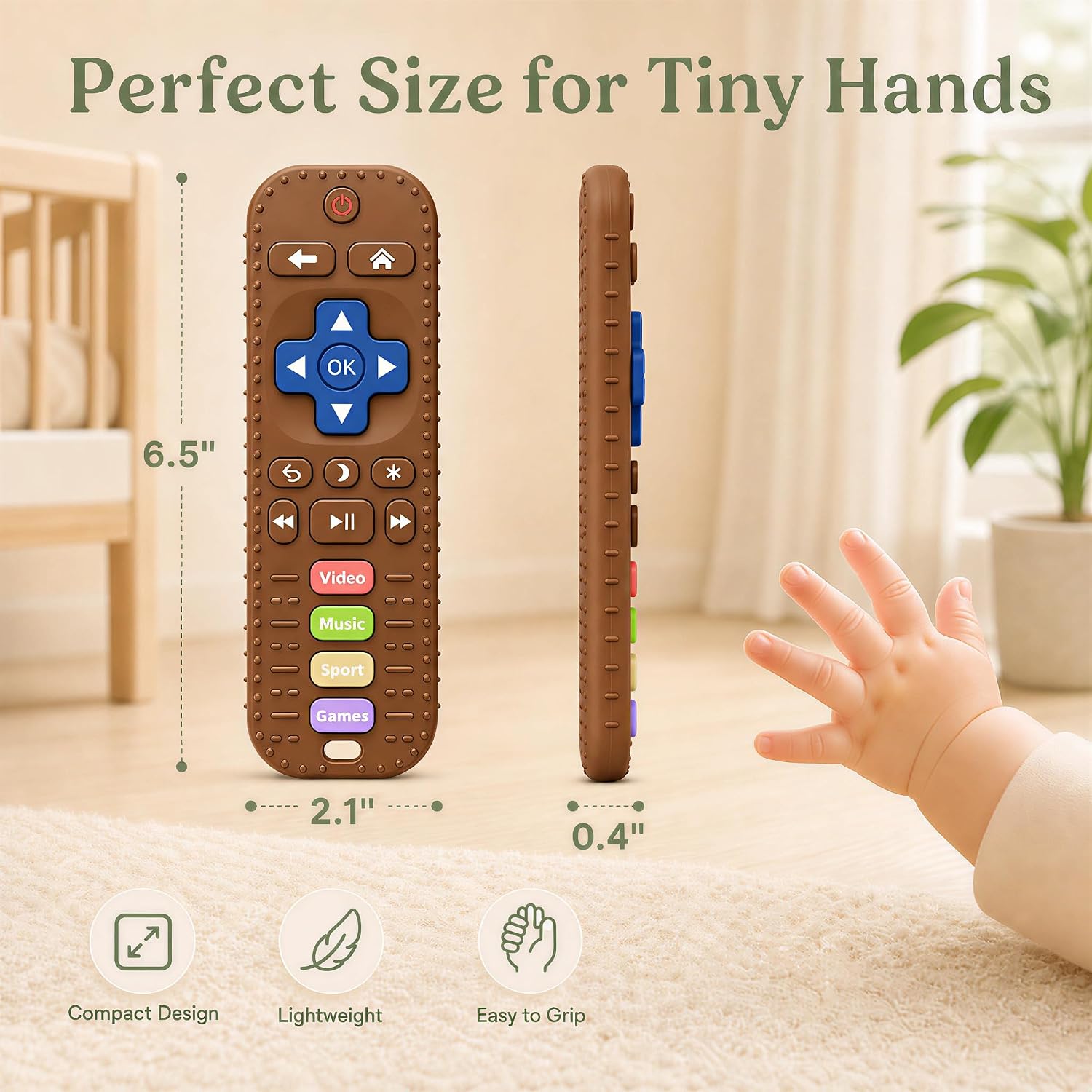 Baby Teething Toys, Remote Control Sensory Teether, Silicone Chew Toy for Teething Relief, BPA-Free Baby Remote Gift for Infants 3-6, 6-12 Months (Brown)