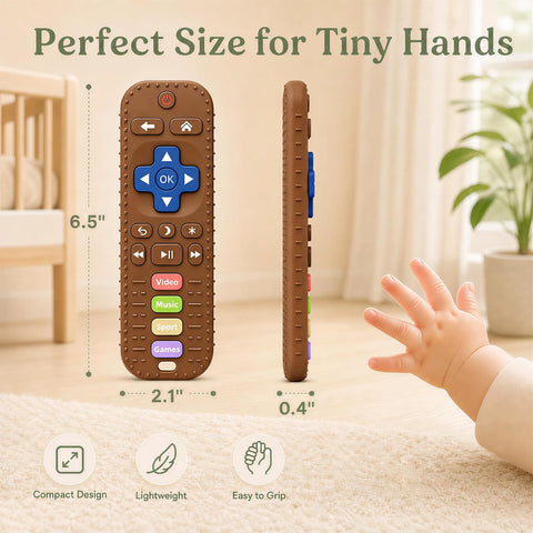 Baby Teething Toys, Remote Control Sensory Teether, Silicone Chew Toy for Teething Relief, BPA-Free Baby Remote Gift for Infants 3-6, 6-12 Months (Brown)
