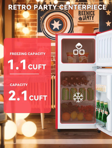 Anypro 3.2 Cu.Ft Retro Mini Fridge with Freezer, Double Door Refrigerator with 1.1 Cu.Ft Freezer, Mechanical Thermostat, Compact Fridge for Bedroom, Dorm, Office & Apartment, Red