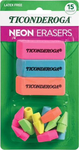 Ticonderoga Assorted Erasers, Neon Colors, 15 Count