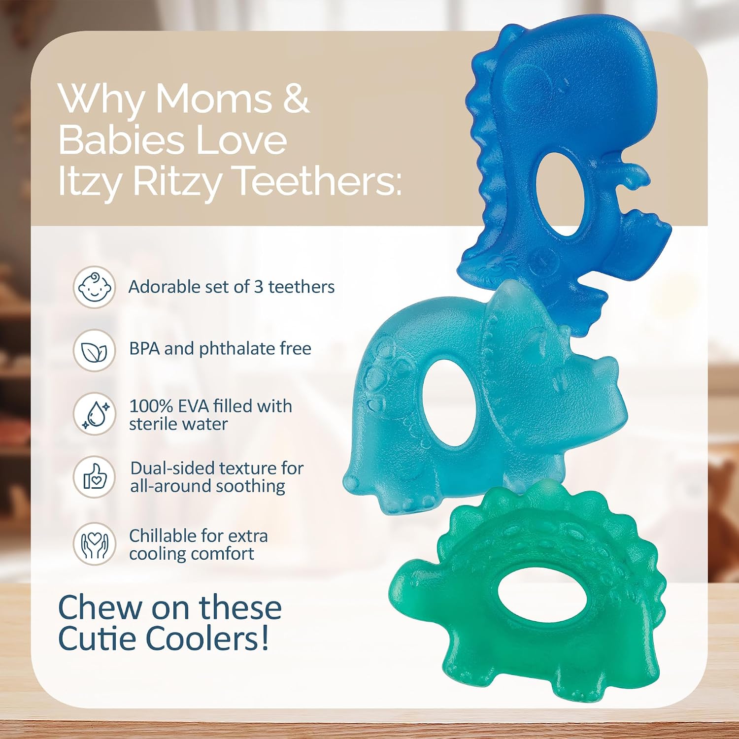 Itzy Ritzy Water-Filled Teethers for Teething Relief, Set of 3 (Dinosaur)
