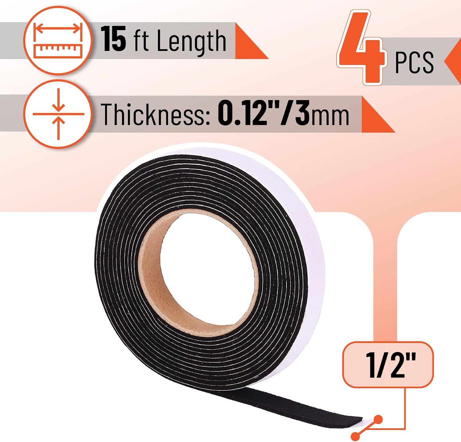 UNCO- Grill Gasket, 4 Pack, 15 ft, 1/2"x 1/8", black, Smoker Gasket Sealer High Temp
